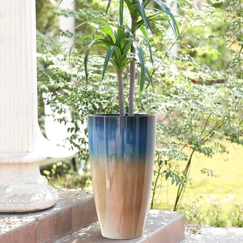Tall Planters for Outdoor Plants, Heavy-Duty Plastic Lightweight Flower Pots Blue to Khaki Gradient Garden Pots Porch Planters Outdoor Set of 2 Gifts for Plant Lovers - Image 7
