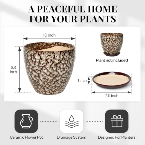 10 Inch Ceramic Planter with Drainage Hole Saucer(Mottled White) - Image 5