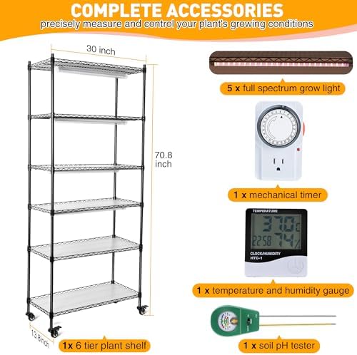 Meonum Indoor Greenhouse with Grow Lights, 6 Tier Metal Plant Shelf with Cover (30" x 13.8" x 70.8"), 5 Pack Full Spectrum Growing Lamps for Seed Starting, Grow Rack with Timer, Thermometer, pH Meter - Image 2