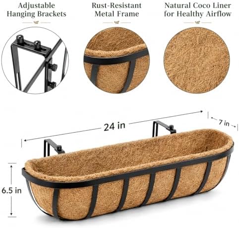 Y&M Railing Planter Boxes 24 Inch 2 Pack, 2-in-1 Adjustable Hanging Balcony Planters with Coco Liners, Heavy Duty Window Box Planters with Support Rods for Outdoor Garden - Image 4