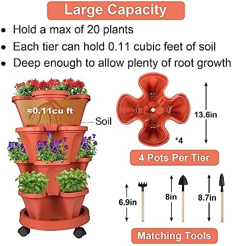 GameXcel Vertical Planter Tower - 4 Tier Stackable Garden Planters with Wheels and Tools Plant Pots for Strawberry Herb Flower and Vegetable Indoor Outdoor Use Red 2 Pack - Image 5