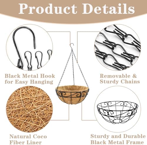 EIMQUVW Outdoor Metal Hanging Planters Basket (4pack, 14 inch) Hanging Baskets for Plants Chain Round Wire Plant Holder with Coco Fiber Liners for Garden, Patio, Deck, Porch(Flower Border) - Image 6
