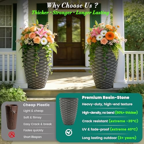 2-Pack 19" Rustic Black Resin Tall Planters with Wave Texture - Image 5