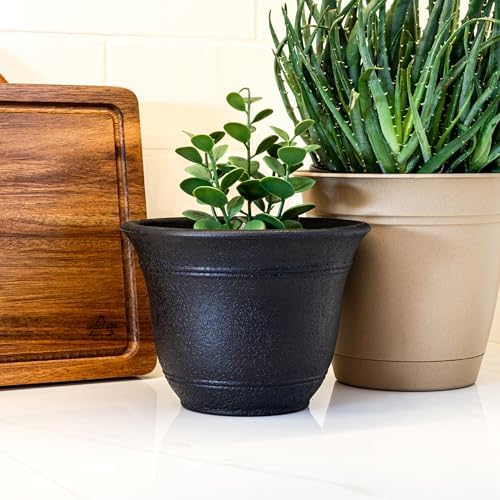 The HC Companies Sierra Round Self-Watering Pot - Lightweight Plastic Planter for Herbs & More - Durable Plant Pots for Indoor Plants & Outdoor Plants (10” Black Onyx, Pack of 1) - Image 2