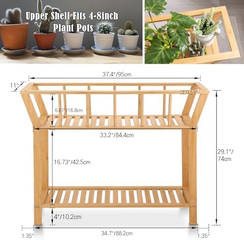 Nnewvante Bamboo Plant Stand Indoor 37.4"x11" 2 Tier Tall Organizer Shelf - Image 6