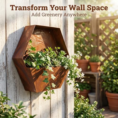 Topadorn Rustic Metal Wall Planter, 12 Inch Hexagon Hanging Planter - Image 2