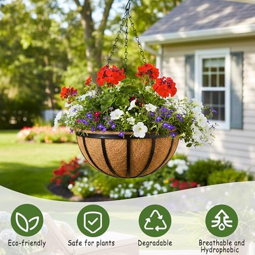 4pcs 14 inch Metal Hanging Baskets Round Wire Plant Stand with Coco Lining Cushion Decorative Planter Hanger Garden Indoor Outdoor Watering Hanging Basket （BT） - Image 2