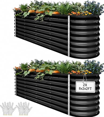 YITAHOME 2pcs 8x2x2ft Large Raised Garden Bed Kit, 24" Tall 9 in 1 Galvanized Metal Planter Box with Gloves and Safety Rubber, Outdoor Above Ground Planters for Plants Vegetables Flowers, Black by YITAHOME