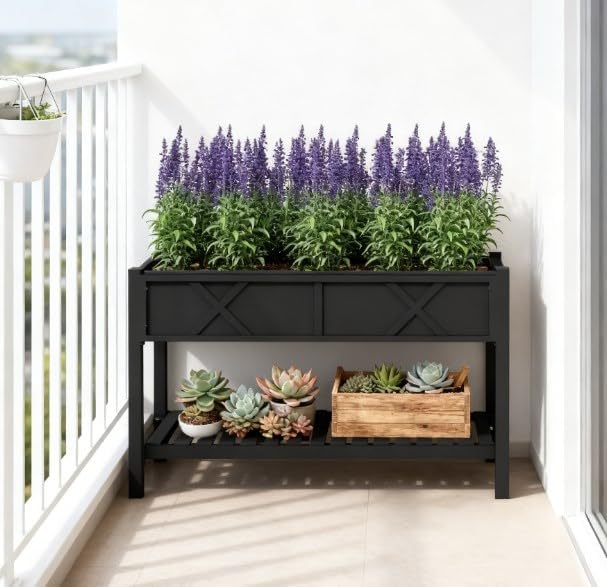 47 Inch Elevated Wood Raised Garden Bed with Storage Shelf, Black by Noeko
