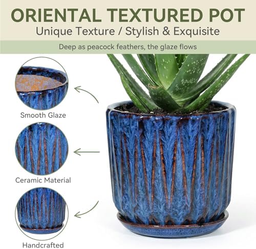 10 Inch Ceramic Planter Pot with Saucer Drainage Leak-Proof Mesh,Flower Pots for Indoor Plants with Gardening Gloves,Ceramic Planter(Peacock-Blue) - Image 3