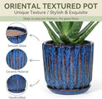 10 Inch Ceramic Planter Pot with Saucer Drainage Leak-Proof Mesh,Flower Pots for Indoor Plants with Gardening Gloves,Ceramic Planter(Peacock-Blue) - Image 3