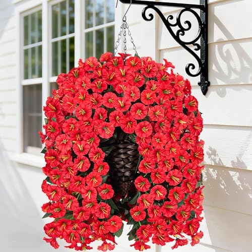 Artificial Fall Fake Red Hanging Flowers Plants Baskets for Outdoor Decoration, 4PCS Faux Silk UV Resistant Look Real Morning Glory Vines for Outside Porch Patio Balcony Garden Yard Home Decor by HyeFloraartificialflowers