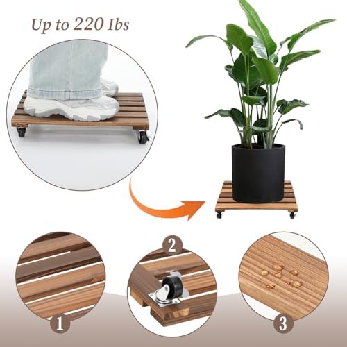 2 Pack 16 Inch Wooden Rolling Plant Stand with Lockable Wheels Heavy Duty Square Plant Dolly Pot Risers Roller Base for Indoor Outdoor Planters - Image 3