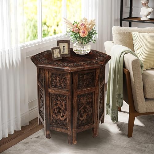 End Tables for Living Room– Hand Carved Vintage Boho Folding Side Tables for Small Spaces, Entryway, Living Room, Bedroom – No Tools Assembly, 18"x18" Octagon, Scorch Burnt Finish - Image 6