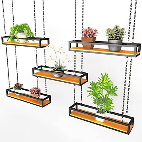 Retro Ceiling Flower Shelf/Plant Stand, with Chain Article and Wood Holder Storage Shelving for Balcony Kitchen, Living Room Restaurant Hanging Decor Racking - Wine Holder - Pot Pan Rack by Unknown