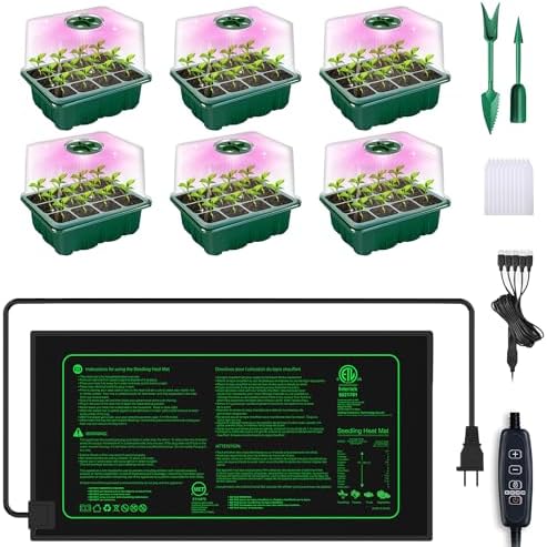 6-Pack Seed Starter Trays with 10"x20.75" Seedling Heat Mat for Indoor Home Gardening Seed Starting, 72-Cell Seed Starter Kit with Humidity Dome(12 Cells per Tray), MET Certified by InfLuvRealm