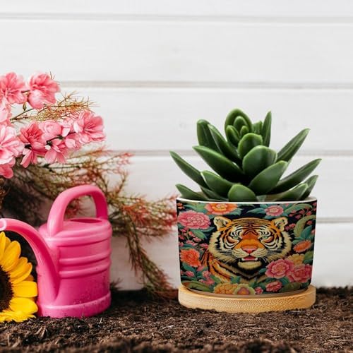 Animal Tiger Stripe Chinoiserie Ceramic Planters Orange and Coral Peony Flower Flower Pots for Indoor Plants with Drainage Holes and Saucers Pot for Home Office Decoration - Image 5