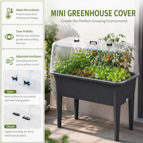 Self-Watering Raised Garden Bed Planter with Greenhouse Cover and Removable Legs, Elevated Plastic Planter Box for Outdoor Patio, Balcony, Indoor Herb Gardening (Dark Gery) - Image 3
