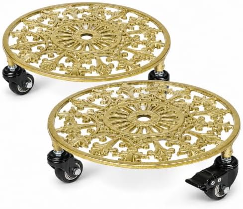 2 Pack 11" Heavy Duty Round Metal Plant Caddy with Wheels, Gold by Unknown