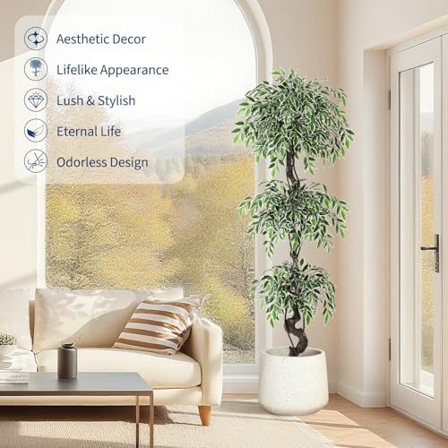 6FT Lifelike Artificial Ficus Tree Indoor Floor Plant with White Planter - Image 3