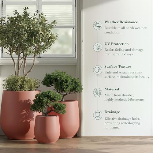 DTY Signature Mount Wilson Modern Indoor Outdoor Fiberstone Tapered Planter, Lightweight, Weather Resistant Garden Pot with Drainage Hole & Rubber Plug (Terracotta, 11'' D x 12'' H) - Image 6