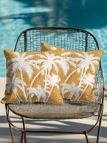 Outdoor Pillows Waterproof Set of 2, Tropical Palm Tree Patio Throw Pillows for Couch Bed Sofa with Insert, Vintage Orange Exotic Botanical Plants Decorative Reading/Camping Pillow Set 18x18 Inch - Image 4