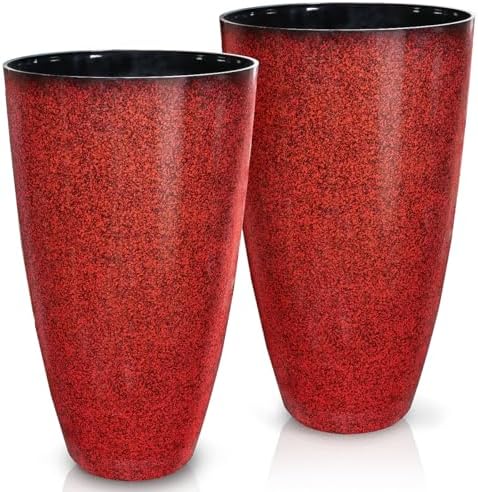 2 Pcs Pack 21 Inches Plastic Resin Tall Tapered Planter Pots Large Round Planter Flower Pot with Drainage Holes for Indoor Outdoor Deck Porch Yard Office Garden Home Patio Front Door (Red, L) by Megawodar