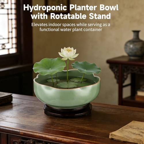 Ceramic Lotus Bowl Planter with Wood Tray, 7.8 in Green Water Lily Planter Pot, Hole Free Hydroponic Bowl, Ice Crack Glaze Flower Bowl for Lotus, Aquatic Plants, Bonsai, Desk Decor - Image 2