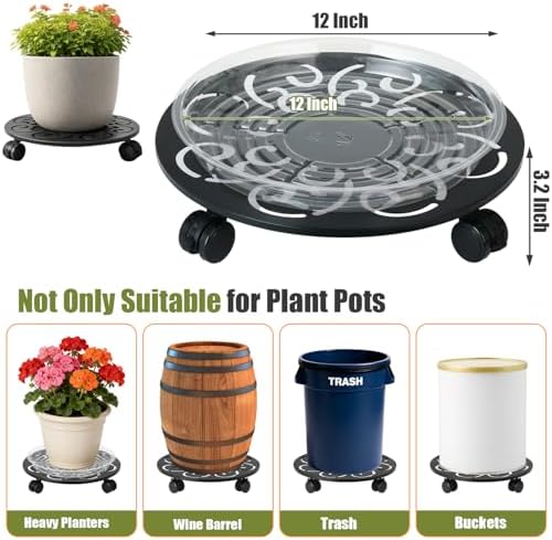 2-Pack 12 Inch Metal Plant Caddy with Wheels Large Heavy-duty Rolling Plant Stands Wheeled Planter Dolly Flower Pot Mover Rollers Rust-proof Garden Coasters Trolley for Indoor Outdoor Use - Image 4