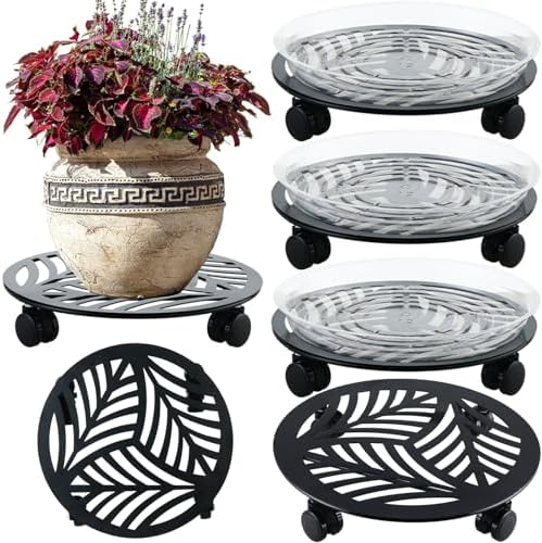 4 Packs Large Metal Plant Caddy with PU Wheels 13" Heav-Duty Wroght Iron Rolling Plant Stands Indoor Outdoor Wheeled Plant Dolly Planter Mover Rollers Plant Trolley Cart, Plant Saucers Included by Planterhoma