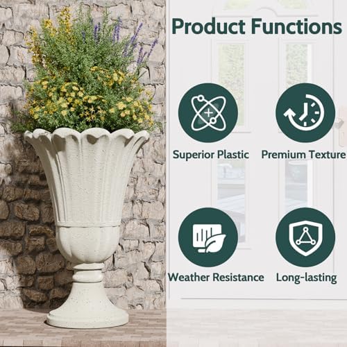 Tall Plastic Urn Planters and Pedestal - 24" Outdoor Planter Beige - Image 5