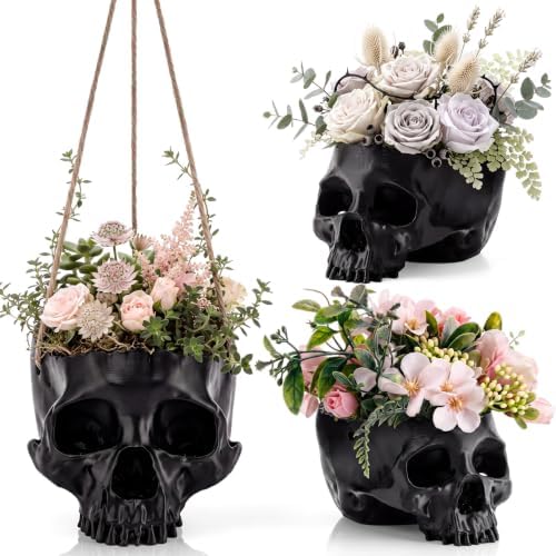 3 Pack Hanging Skull Planter Pot with Ropes, Black by Ferrochef
