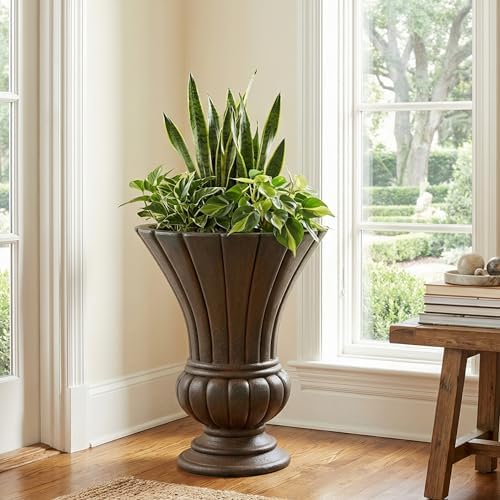 Virubi 22.44" H Vintage Fluted Pedestal Urn Planter – Weather-Resistant MGO Outdoor Flower Pot for Garden, Patio, Front Porch – Antique Victorian Style Decor (Antique Bronze) - Image 2