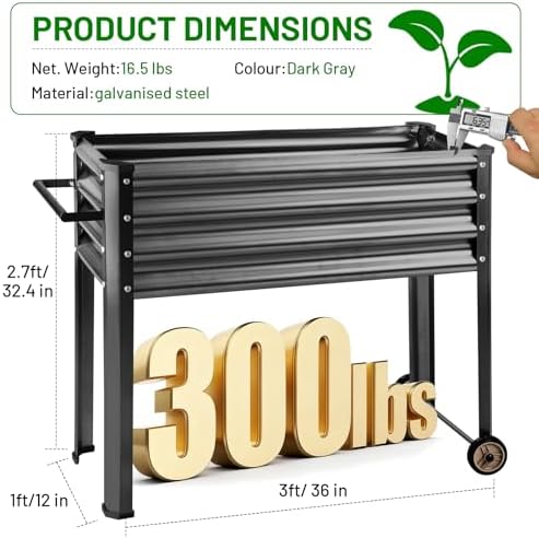 Land Guard 2 Pack Galvanized Raised Garden Bed with Legs & Wheels, 36×12×32in Metal Elevated Raised Planter Box for Backyard, Patio, Balcony, 300lb Capacity, Dark Grey - Image 2