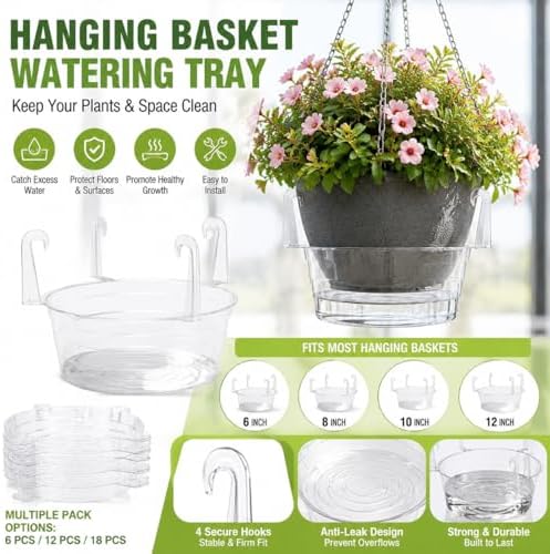25 PCS Hanging Basket Saucers for Plants – Clear 6-12 Inch Plastic Watering Tray with Hooks, Anti-Leak Drip Pan & Water Catcher for Indoor & Outdoor Hanging Baskets (10 in,20PCS) - Image 3