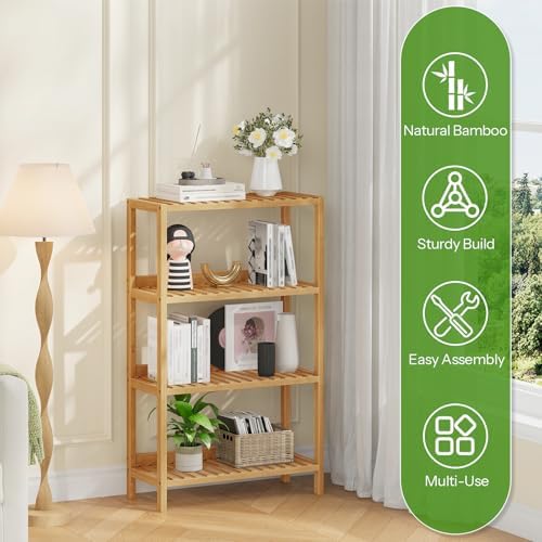 HOOBRO Bamboo Storage Shelf, 4-Tier Freestanding Shelving Unit, Multifunctional Storage Rack with Back Panel, 23.6 x 10.2 x 39.4 inches, for Bathroom, Living Room, Balcony, Kitchen, Natural YL95CJ01 - Image 5