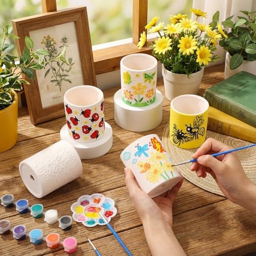 Zubebe 12 Pcs Paint Your Own Ceramic Pots Bulk Unfinished Succulent Pots Craft Kit with Drainage Hole Mini Paintable Plant Vase Ready to Paint Planter for Cactus DIY Craft (Insect) - Image 4