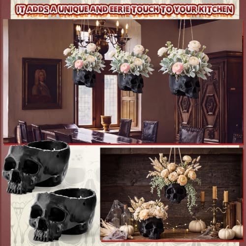 3 Pack Hanging Skull Planter Pot with Ropes, Black - Image 3