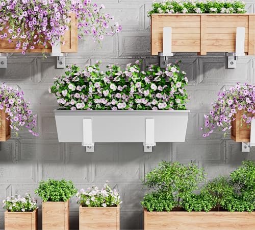 Y&M 6 Pack Adjustable Planter Brackets (6 to 12.5 in), Universal Window Box Brackets, Heavy Duty Iron Flower Box Wall Mounting Hooks for Balcony, Fences, Patio, and Garden - White - Image 2