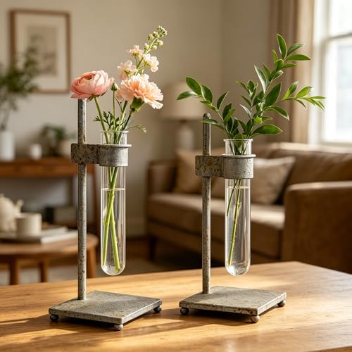Retro Test Tube Vase Set of 2, Rustic Metal Plant Propagation Station with Clear Glass Tubes, Hydroponic Planter for Home Office Tabletop Decor, Ideal Gifts for Women Mom Plant Lovers (Yellow) - Image 4