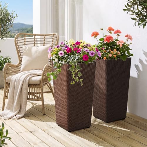 GIANTEX Tall Planters Set of 2, 24”H Tapered Rattan Planter, Brown - Image 2