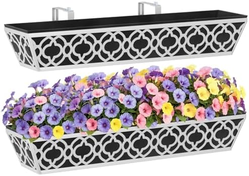 HFHOME 2 Pack 30 Inch Railing Planter Boxes with Adjustable Brackets & Non-Woven Fabric Liner Adjustable Gray Metal Window Box Planter for Balcony Deck Fence, Hanging Flower Basket for Outdoor Garden by HFHOME