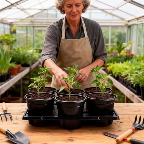 RooTrimmer 6 Inch Plastic Plant Pots 30 Pack and 6 Cell Nursery Pots Trays 5 Pack, Sturdy Seeds Starting Germination Shuttle Carrying Trays, Black Nursery Planting Propagation 5 Sets - Image 6