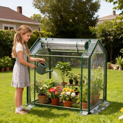 Mini Greenhouse with Zippered Doors & Roll-up Windows, Elevated Bottom Portable Plant Hot House with Durable PVC Cover, Water Resistant, UV Protected for Outdoor Flowers, Vegetables - Image 2