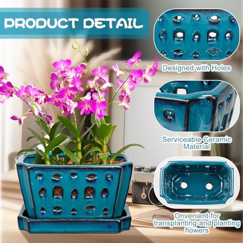 Teenyyou 7 Inch Ceramic Orchid Pot with Holes and Saucer Repotting,Blue - Image 3