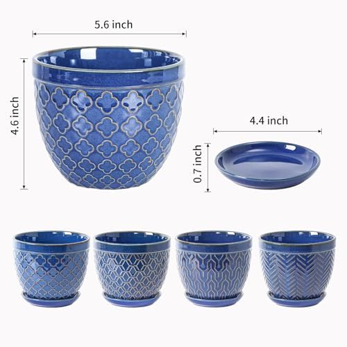 Sureasy Ceramic Indoor Plant Pots - 5.6 Inch Flower Pots for Plants with Drainage Hole and Saucer, Embossed Planter for Succulents, Orchid, Cactus, Indoor Home Decor, Set of 4, Blue - Image 3