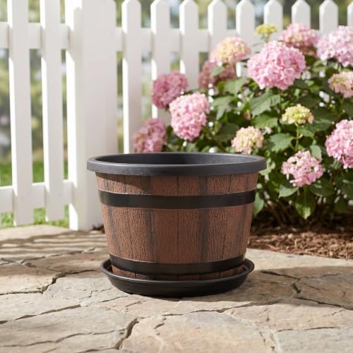 Plastic Barrel Flowerpot with Saucer, Rustic Wood Grain Outdoor Planter - Image 5