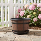 Plastic Barrel Flowerpot with Saucer, Rustic Wood Grain Outdoor Planter - Image 5