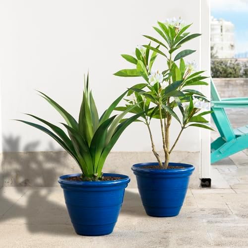 Glitzhome 15.5" D Large Flower Pots, Set of 2 Large Planters for Outdoor Plants with Drainage Holes, Cobalt Blue Faux Ceramic Finish, Plastic Tall Flower Pots for Garden, Patio, Porch or Indoor Use - Image 6