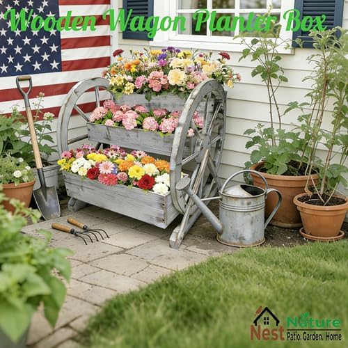 NestNature Wooden Wagon Planter Box|Raised Garden Bed W/Wheels for Plants - Image 2